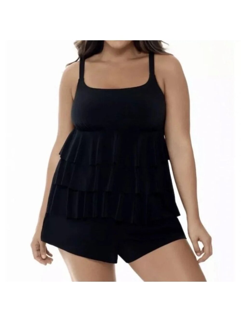 NEW Longitude Black Ruffle Shortini One Piece Swimsuit - Size 14
